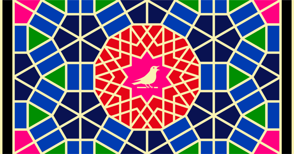 A colorful tile/mosaic pattern with a singing bird in the center